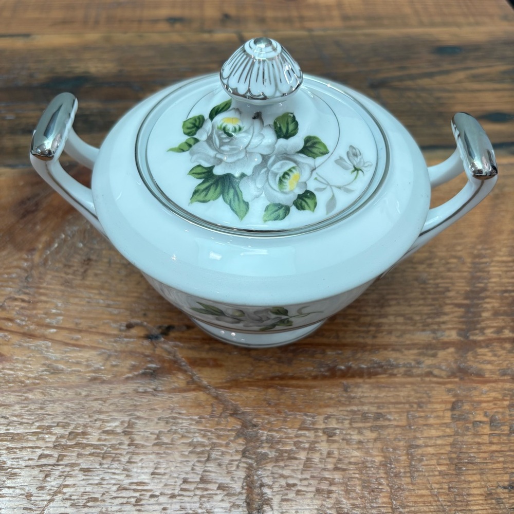 W.R. White Rose 3939 Vintage Sugar Bowl and Lid Platinum Japan